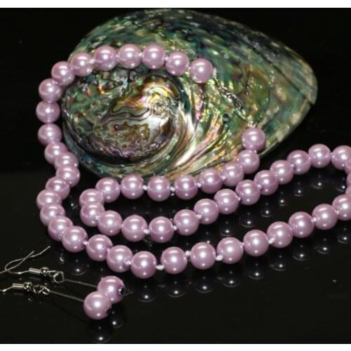 Wholesale price light purple imitation pearl shell round 8mm beads charms women necklace earrings jewelry set 18inch B2364