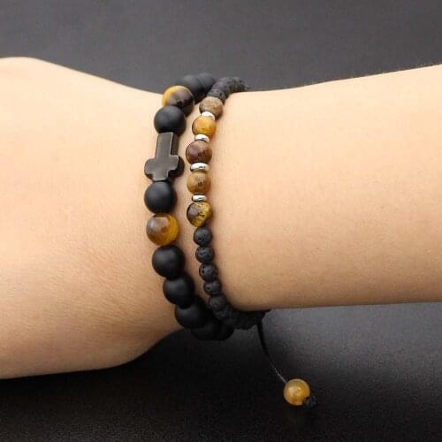 Couple Bracelet Men Women Stainless Steel Cross Lava Natural Stone Beads Strand Braid Bracelets Bangles Set Friendship Jewelry