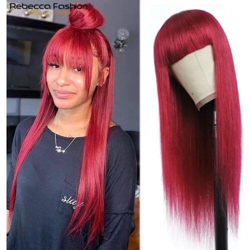 Wine Red Burgundy Wig Bangs Straight Human Hair Wigs For Women Pre Plucked Full Machine Made Wigs Long Straight Wig Bangs 99J