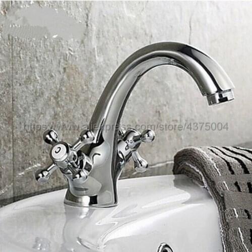 Deck Mounted Polished Chrome Double Cross Handle Bathroom Sink Mixer Faucet Hot and Cold Water Mixer Tap Nnf271
