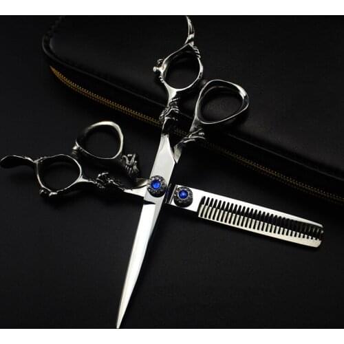 Professional japan 440c 6 '' blue gem dragon cut hair scissors hair cutting barber haircut thinning shears hairdressing scissors