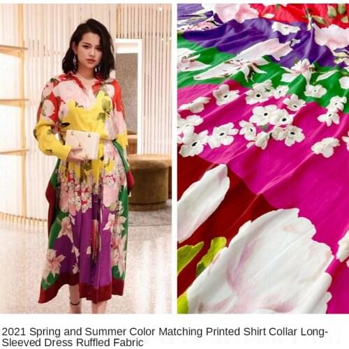 Brand spring and summer color matching printed shirt imitation silk long-sleeved dress ruffled handmade custom fabric Per Meter