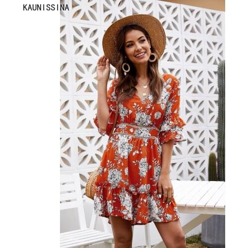 Sexy Dresses for Women Backless V-neck Holiday Dress Ladies Half Sleeve Floral Print Street Style 2021 Chic Mini Summer Dress