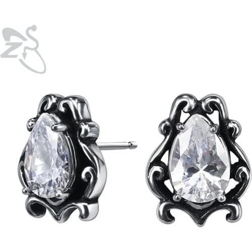 ZS Water Drop Shape Cubic Zirconia Ear Stud Jewelry Punk Style Stainless Steel Earrings for Men Women Vintage Gothic Jewellry