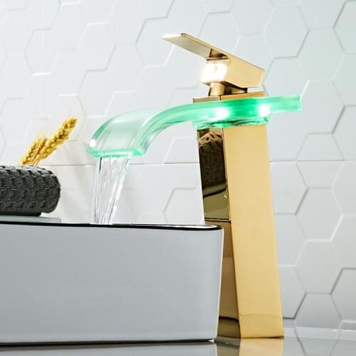 Bathroom Waterfall Faucet LED Faucet Gold Waterfall Brass Basin Faucet Bathroom Mixer Tap Deck Mounted Basin Sink Mixer Tap