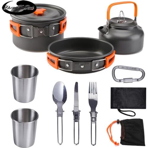 Outdoor products Hot sale outdoor pot set for 2-3 people camping teapot tableware set three-piece cookware