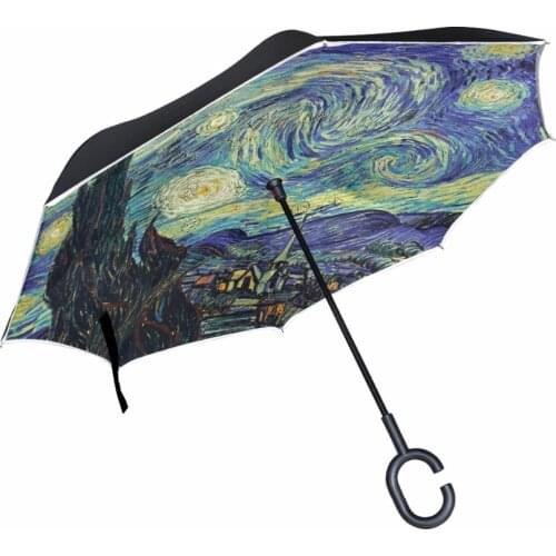 Van Gogh Starry Night Reverse Umbrella Double Layer Inverted Parasol Rain Women Strong Windproof Fluorescent Strips Paraguas Men