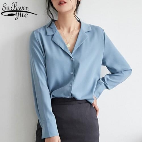 Blouse Women New Korean Lapel Collar Solid Shirt Womans Blouse Long Sleeve Loose Chiffon Blouse Button Womans Shirts 9383