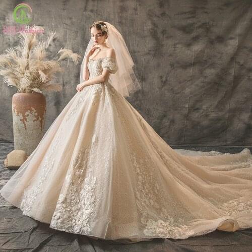 SSYFashion New Bride Champagne Wedding Dress Elegant Boat Neck A-line Lace Beading Sequins Long Wedding Gowns Vestidos De Novia