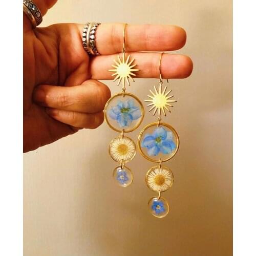 The Golden Preserved Larkspur, Daisy, & Forget Me Not Earrings, Wanderlust Jewelry, Hypoallergenic