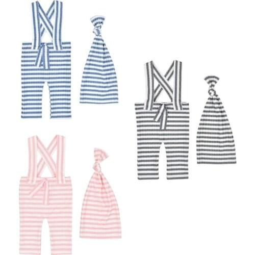 2 Pcs Baby Stripe Romper Long Tail Knotted Hat Set Newborn Photography Props Strap Pants Cap for Infants Photo Shooting