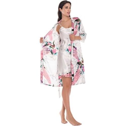 Women Sexy Party Kimono Silk Peacock Lingerie Bridesmaid Wedding Satin Robe Nightgown Bathrobe Pajamas 2 Piece