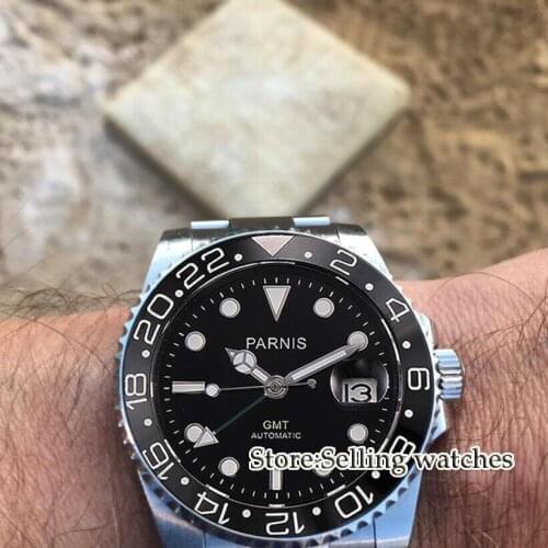 40mm Parnis Mechanical Watches Black ceramic Bezel black dial Green GMT luminous marks sapphire glass automatic Mens Watch