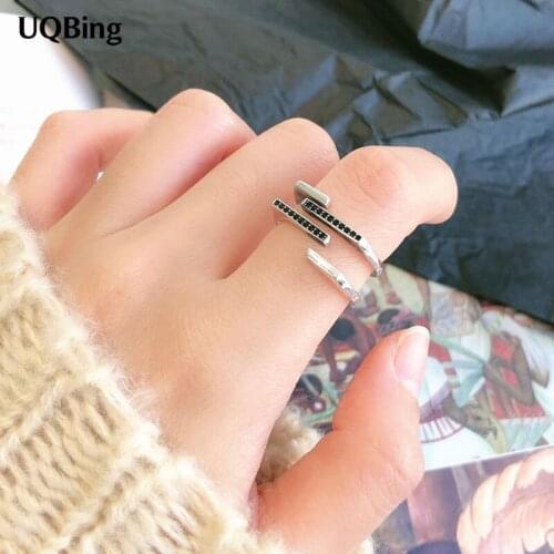 925 Sterling Silver Irregular Black Zircon Layer Open Rings for Women French Exquisite Party Jewelry Birthday Gifts