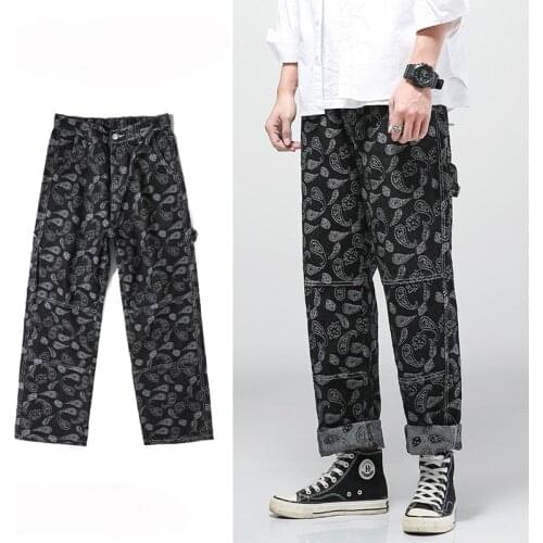 ERENEJIAN Fashion Mens Floral Hip Hop Jeans Hi Street Pants Cashew Flower Printed Denim Trousers Loose Fit Plus Size M-5XL