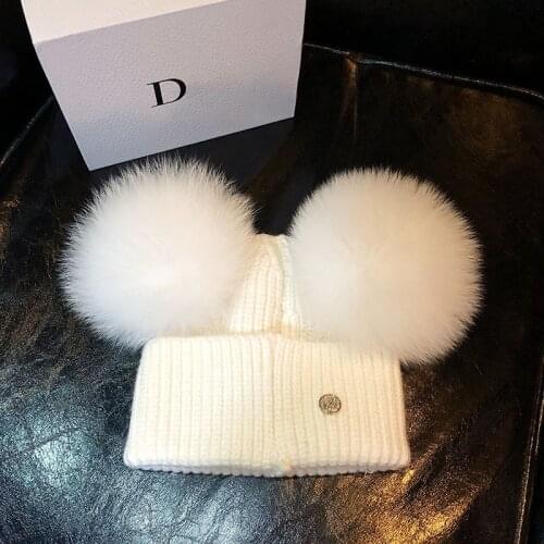Adult Winter Brand Cap 16cm Double Real Fur Ball Pom Poms Hat For Lady Hat Knitted Cap Hat Skullies Women Beanies