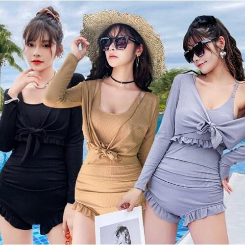 Ins Wind Solid Color Fashion Hot Spring Sexy Swimsuit Split Body Covering Flesh And Thin Oriental Conservative Bikini Suit