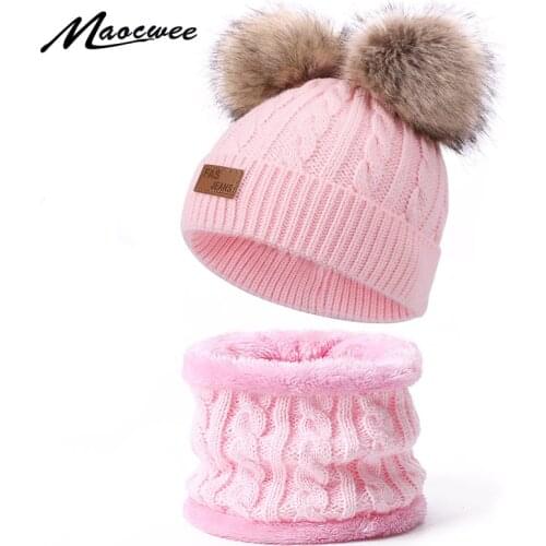 Two pieces Hat Scarf Set Beanie Cap Childrens Hats Girls Caps Fake Ball Pompon Keep Warm Winter Knitted Skullies Kids Bonet Set