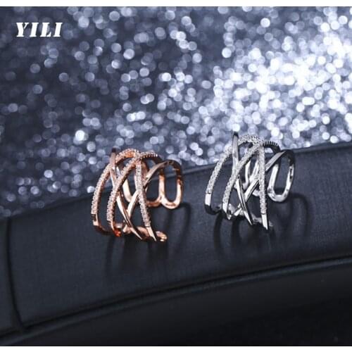 Korean Exaggerated Inlaid Zircon Open Rings 2021 Fashion Metal Cross Opening Ring Rose Gold /Silver Finger Party Rings Jewelry