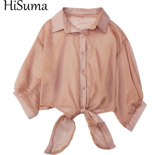 HISUMA Summer Lantern Sleeve Bandage Strap Women Basic Chiffon Ruffles Shirt Elegant Lady Cardigan Button Slim Thin Blouse Tops