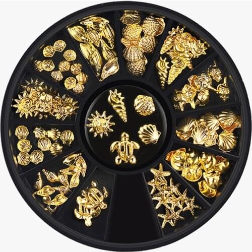 1 Box Gold Ocean Theme Metal Studs Sea Starfish Shell Turtle Slice Flakes 3d Nail Art Decoration In Wheel DIY UV Manicure Tools