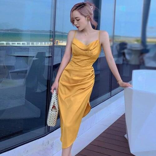 Fashion Summer Korean Vintage Sleeveless Imitation Silk Midi Party Dress Ladies Robe Elegant Casual Sexy Strap Beach Satin Dress