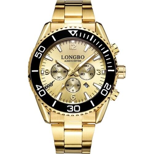 2019 Luxury Golden Full Stainless Steel Longbo Top Brand Men Watch Unique Blue Business Dress Calendar For Male Waterproof Clock