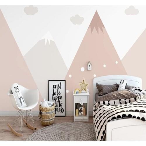 Custom Self-Adhesive Mural Wallpaper 3D Hand Painted Pink Geometric Mountain Peak Childrens Room Waterproof Wallpaper Stickers
