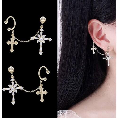SWOUR New Fashion Jewelry Cubic Zirconia Cross Design Ear Cuff Clip Chain Stud Earrings Brinco Femme S668
