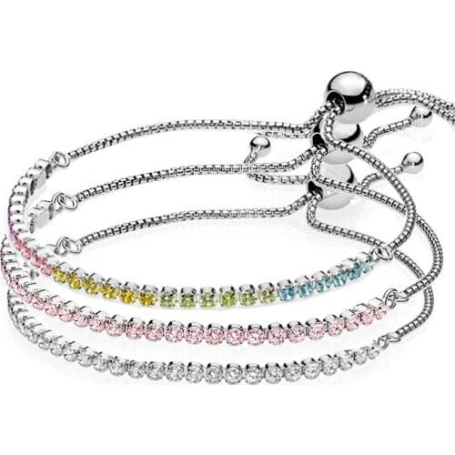 Original Clear & Pink Classic Tennis Sparkling Strand Adjust Bracelet Fit 925 Sterling Silver Bead Charm Diy Pandora Jewelry