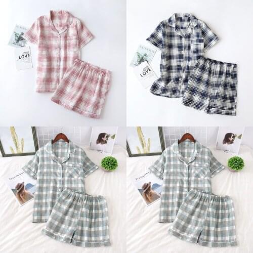Summer Men and Women 100% Cotton Double Gauze Pajamas Plaid Short-sleeved Shorts Suit Couple Casual Home Service Two-piece Loose