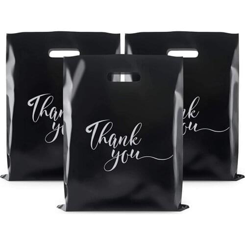 20/30/50 Pcs Thank You Gift Bags Strong Plastic Gift Bags With Die Cut Handles For Retail Shopping Merchandise Bags Black 12x15