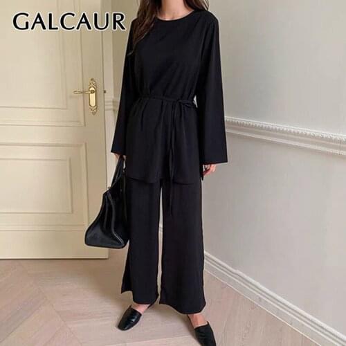 GALCAUR Casual Khaki Two Piece Set Womens Round Collar Long Sleeve Tops High Waist Loose Wide Leg Pants Solid Sets Female 2021