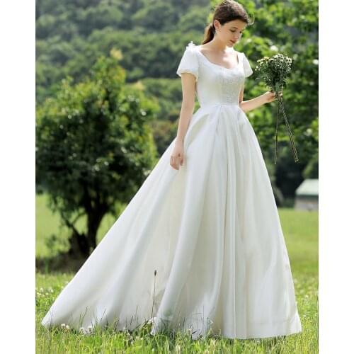 Princess Puffy Wedding Ball Gown Women Lace Up Queen Anne Neck Satin Latern Short Sleeves Bridal Dress Quinceanera Party #3090