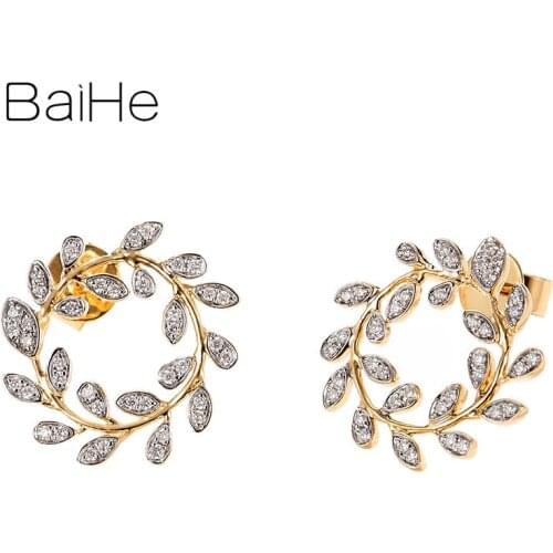 BAIHE Solid 14K White+Yellow Gold 0.20ct Round Natural Diamonds Wedding Trendy Fine Jewelry leaf diamond Stud Earrings for Women