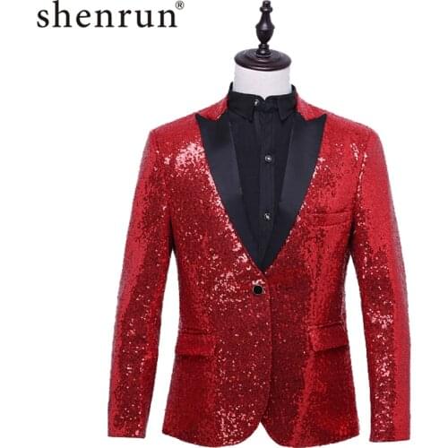 Shenrun Men Slim Fit Jacket Fashion Sequin Skinny Blazer Men Stage Wedding Jacket Costume Singer Single Breasted