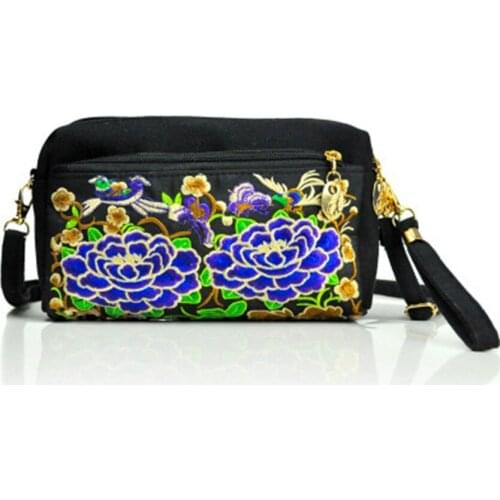 New retro fashion national wind three zipper portable diagonal dual-use cloth bag canvas embroidery mobile phone bag mini wallet