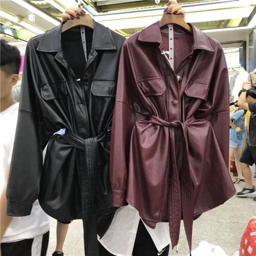 Wine Red Mid-length Faux PU Leather Jacket With Belt Women 2021 Spring Autumn Korean Loose Oversized Long Sleeve Jacket Female