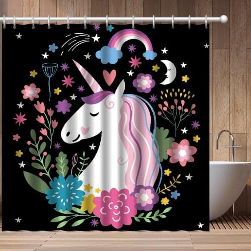 Custom Flowers Unicorn Bathroom Curtain Cartoon Kids Waterproof Polyester Fabric Bath Shower Curtain Home Decor Shoewer Sets