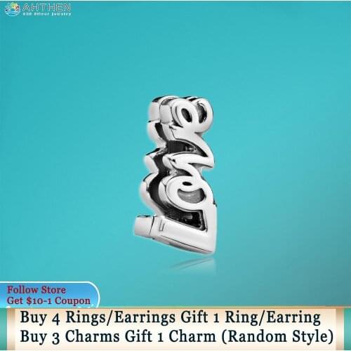 Ahthen 925 Sterling Silver Bead Love Script Clip Charms fit Original Pandora Bracelets for Women Jewelry Making Girl Gift