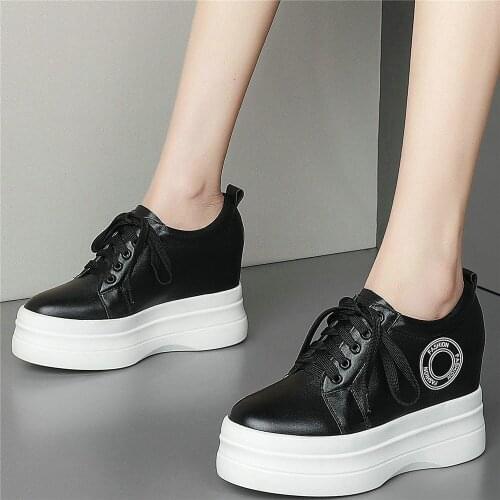10cm Chunky High Heels Fashion Sneakers Women Lace Up Genuine Leather Wedges Ankle Boots Female Platform Pumps Shoe Casual Shoes