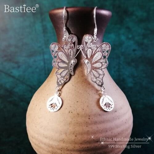 Bastiee Women 999 Silver Earring Butterfly Jeweler Gifts For Women Luxury Dangle Tassel Earrings Hmong Miao Handmade Ethnic Cute
