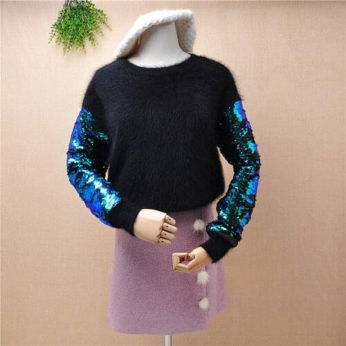Ladies women fashion black hairy mink cashmere knit o-neck sequins sleeves slim short pullover angora fur winter jumper sweater