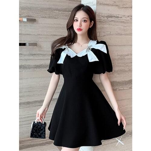 New Arrival 2021 Summer Vintage Temperament High Waist Little Black Dress Women Elegant Bow Short Puff Sleeve Chic Mini Dress