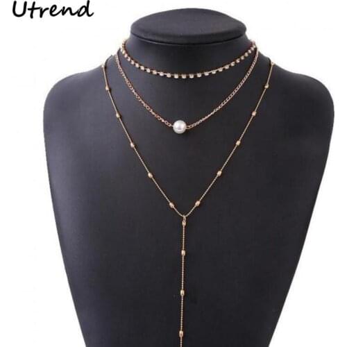 Utrend Crystal Multi Layer Long Pendant Choker Necklaces For Women Sexy Collier Beads Necklace Bijoux Vintage Boho Jewelry