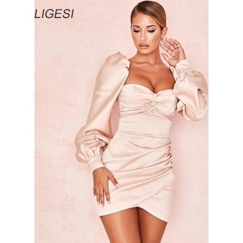 Office Lady Autumn Pleated bodycon Dress Women Puff Long Sleeve Slim Club Party Dress Elegant Sexy Square Collar workwear dress