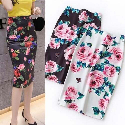 2021 Black White Casual High Waist Vintage Elegant Bodycon Floral Print Midi Skirt Summer Elastic Pencil Office Skirts Womens