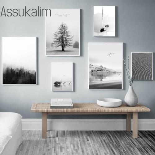 Black And White Landscape Poster Natural Wall Painting Lake Boat Canvas Print Nordic Posters And Prints Living Room Decoration
