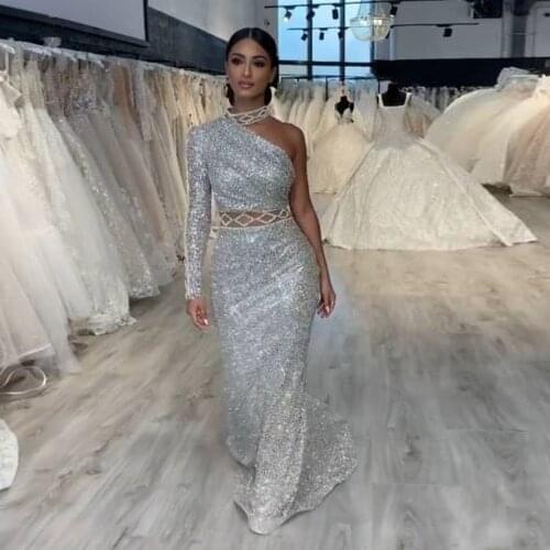 Elegant Sparkle Silver Sequined Long Prom Dresses One Shoulder Crystal Straight Prom Gowns Fashion Formal Dresses 2021