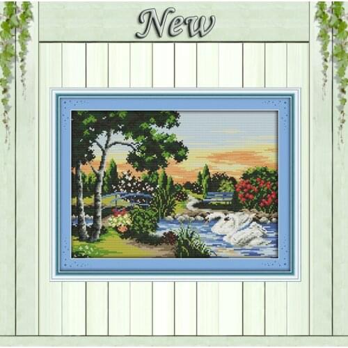 Swan Lake landspace park Scenery painting,Counted print on canvas DMC 14CT 11CT DIY Cross Stitch Needlework kits Embroidery Sets
